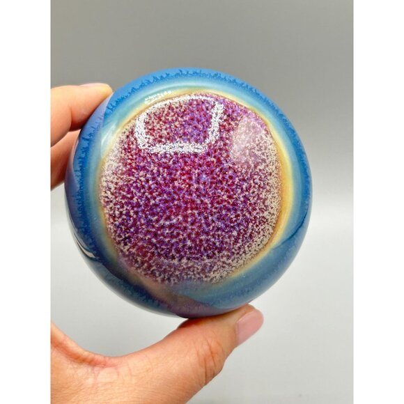 Vintage Signed Ceramic Paperweight Studio Pottery Artisan Piece Pink Blue Glaze - Picture 6 of 10